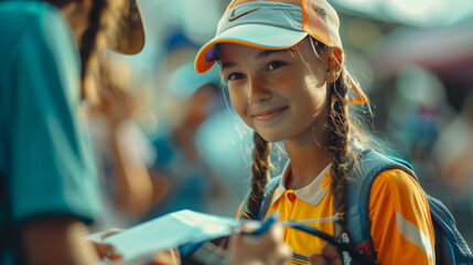 Young girl wearing hat holding piece of paper - Powered by Adobe