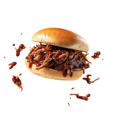Pulled pork sandwich with splashing barbecue sauce, close-up floating effect, warm background

