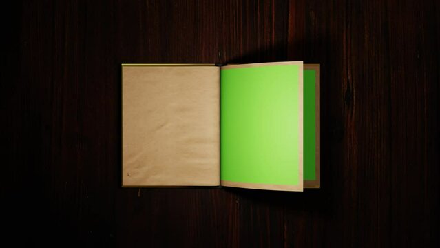 Animated turning pages of an old book with Green Screen on Desk- 3d animation 4K	