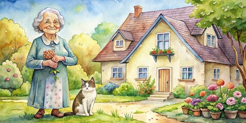 Old lady with cat sitting in front of a quaint house in a charming watercolor style , watercolor, grandmother, pet, feline, cottage, cozy, porch, serene, tranquil, sweet, elderly, kitty