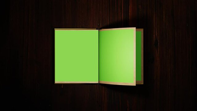 Animated turning pages of an old book with Green Screen on desk- 3d animation 4K	