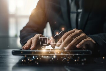 Merchants touch virtual sales growth charts and shopping cart ICONS on transparent screens, use tablets to analyze the performance of markets or online stores,