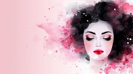 eyes closed, hair swaying in wind, against a backdrop of pink dotted with hues of pink and black