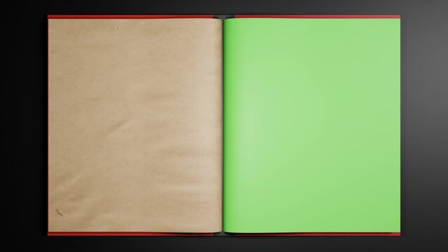 Animated turning pages of an old book with Green Screen on desk- 3d animation 4K	