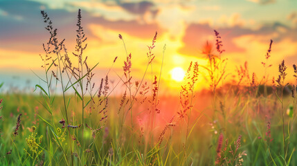 Beautiful natural panoramic countryside landscape. Blooming wild high grass in nature at sunset warm summer. Pastoral scenery. Selective focusing on foreground.