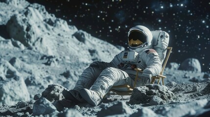 Close-up shot of an astronaut on the moon, lounging in a rocking chair, the rocky lunar surface and distant stars creating a surreal scene