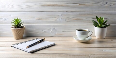Minimalist desk with potted plant, coffee mugs, and pen on whitewashed wooden background , workspace, desk, office, minimalist, plant, coffee mug, pen, whitewashed, wooden, background, blog