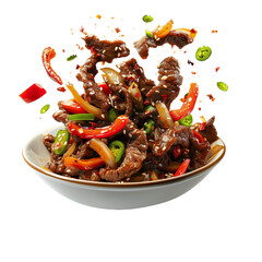 Beef and vegetable stir fry in dynamic motion, sesame seeds flying, high angle view, isolated on white

