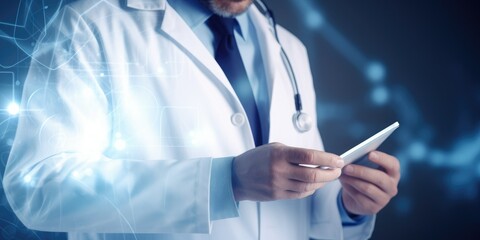 Medicine doctor and stethoscope in hand touching icon medical network connection with modern virtual screen interface