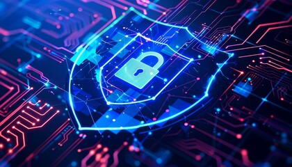 3D rendering of an abstract shield with digital elements, Concept of cybersecurity by AI generated image