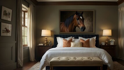 a beautiful bed room with horse oil painting