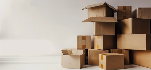 a stack of cardboard boxes, including brown and white ones, sit on a white floor against a white wall