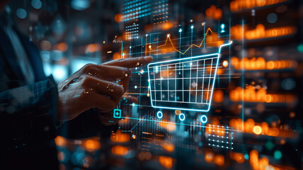Sales growth concept. Businessman touches a graph of increased sales volume with a shopping cart on a virtual screen to promote ecommerce expansion. 