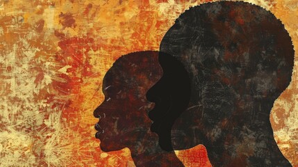 silhouettes of African men and women in profile, their faces outlined with exquisite detail against a textured background, space for text