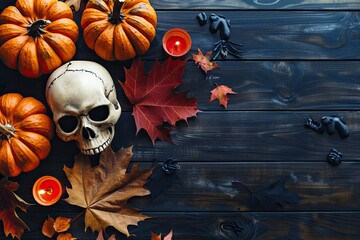 a halloween - themed scene featuring a variety of pumpkins and leaves, including orange, red, and brown varieties, arranged on a wooden table with a white skull in the center - Powered by Adobe