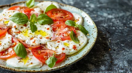 tomatoes, mozzarella, and basil Topped with sprinkles of cheese and basil leaves
