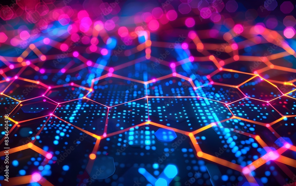 Poster A dark background with hexagonal grid patterns glowing in neon colors, representing the digital landscape of blockchain technology
