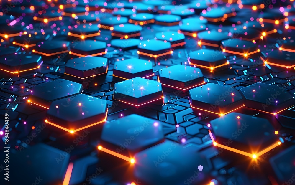 Poster a digital illustration of an abstract hexagon grid pattern with glowing dots, representing the netwo