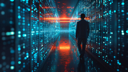 Businessman uses virtual cyber security technologies and online data protection to secure data storage on a global corporate network server.