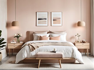 Bedroom with Delicate Peach Fuzz Interior Color Trend 2024, Modern Luxury Apricot Room, Salmon Fabric and Beige Plaster. Home or Hotel Design. 3D Render