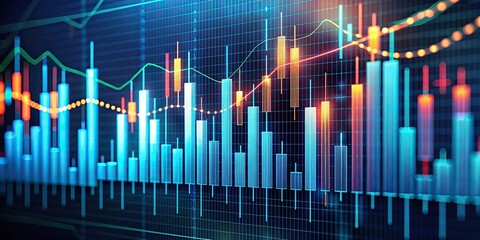 Financial business statistics with bar graph and candlestick chart showing stock market price on dark background, stock market, finance, statistics, data analysis, trading, investment, graphs