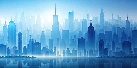 Misty blue silhouette of an urban city skyline , skyline, silhouette, urban, city, misty, blue, architecture, buildings, skyscrapers, dusk, evening, dusk, sky, clouds, cityscape, panoramic