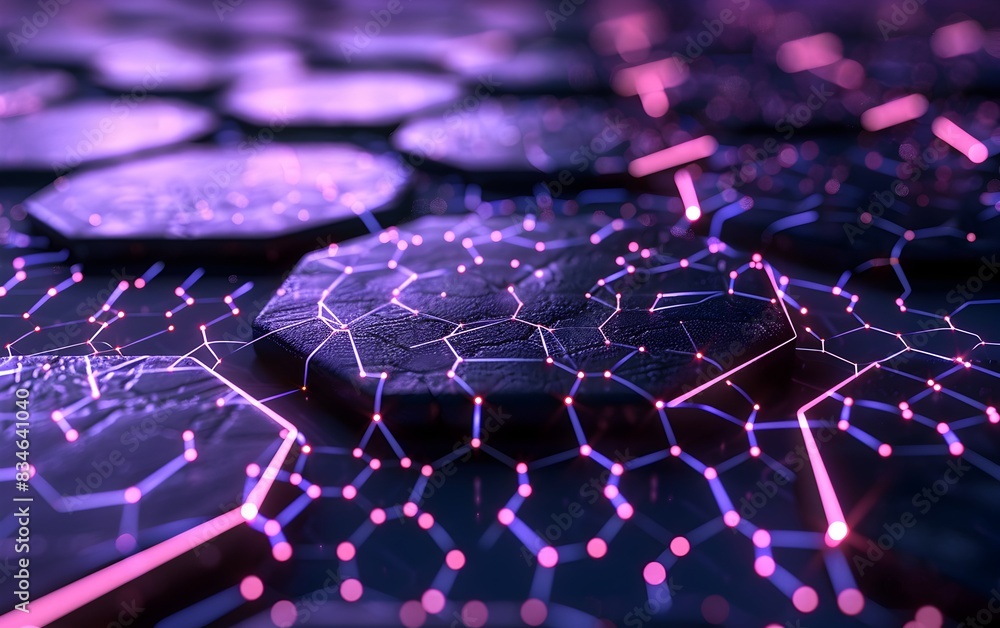 Poster A hexagonal grid pattern with glowing dots representing data points, set against an abstract dark background with soft lighting and depth of field