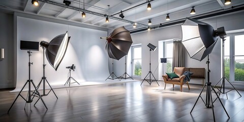 Modern photo studio with professional lighting equipment, photography, studio, lights, equipment, technology, contemporary, interior, setup, neon, bulbs, flash, bright, spotlight