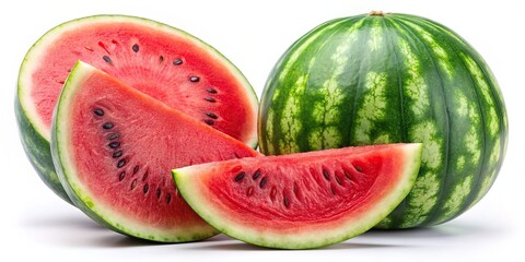 Close up of red watermelon fruit, including half, quarter, and slice , Refreshing, juicy, vibrant, summer, tropical, delicious, healthy, organic, snack, food, seedless, red, green, fresh, ripe