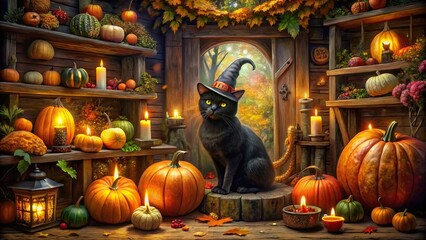 Fantasy black cat witch in magical fairy cabin with pumpkins, candles, and magic attributes , Halloween, fairytale, black cat, witch, magical, mysterious, cabin, pumpkin, candles, magic