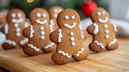  A group of gingerbreads, each adorned with white icing, are arranged on a wooden cutting board In the background, a Christmas tree is visible
