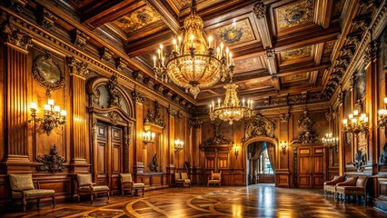 Grand, dimly lit interior with ornate wooden paneling, golden accents, and elegant chandeliers, exuding refined opulence and timeless elegance, luxury, opulence, grandeur, interior design