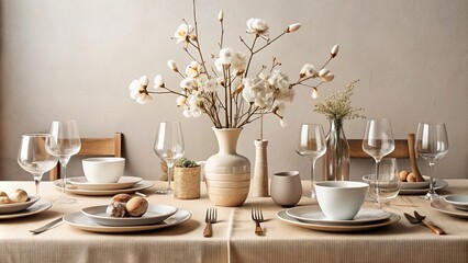 Modern minimalist table setting in neutral beige color with flowers and cotton branch, perfect for a Scandinavian style dining experience , tableware, place setting, top view, decorations