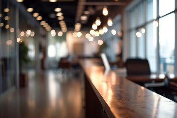 Blurred empty open space office Abstract light bokeh at office interior background for design, AI generated