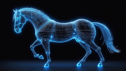 Blue glowing lines and points form a high-tech digital wireframe illustration of a horse