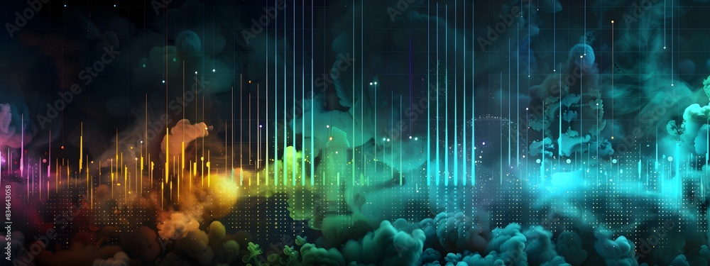 Poster vibrant of a spectrum analyzer display showcasing frequencies in a futuristic and dynamic manner