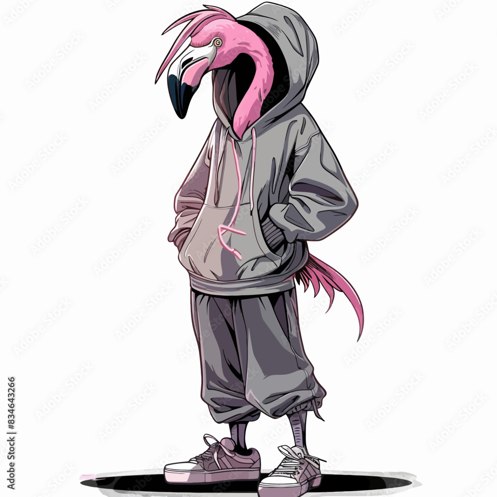 Sticker Flamingo Wearing Black Jacket illustration in Emo Style