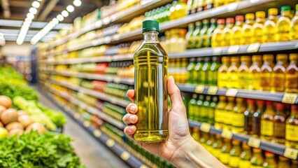 Hand holding a bottle of olive oil in a grocery store , shopping, food, supermarket, healthy, organic, cooking, ingredient, culinary, culinary oil, shopping aisle, aisle - Powered by Adobe