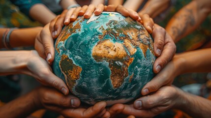 Diverse hands holding a globe, symbolizing unity, global cooperation, and environmental care.