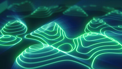 Green looped futuristic hi-tech landscape with mountains and canyons from glowing energy circles and magic lines. Abstract background