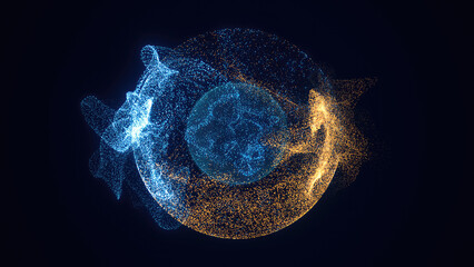 Abstract colored bright glowing background with a sphere core atom energy burning ball circle made of waves of energy rays and plasma with light © Bolbik