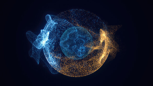 Abstract colored bright glowing background with a sphere core atom energy burning ball circle made of waves of energy rays and plasma with light