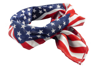 A red, white and blue American flag is wrapped around a neck
