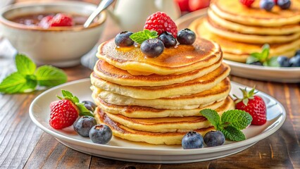 Fluffy buttermilk pancakes on a background , breakfast, stack, tasty, delicious, homemade, brunch, sweet, morning, food, traditional, golden, round, fluffy, syrup, butter, homemade, isolated