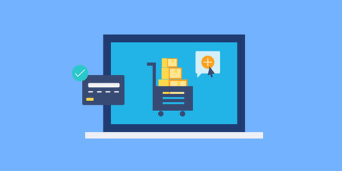 Online ecommerce, product add to shopping cart, credit card purchase conceptual vector illustration.