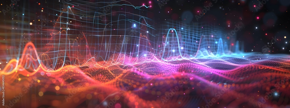 Poster vibrant 3d rendering of radio waves at different frequencies glowing in a digital environment