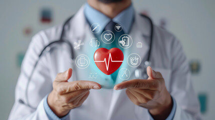 doctor holding up his stethoscope with heart-shaped and health icons floating around it, representing the use of technology in medical care.
