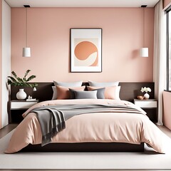 Bedroom with Delicate Peach Fuzz Interior Color Trend 2024, Modern Luxury Apricot Room, Salmon Fabric and Beige Plaster. Home or Hotel Design. 3D Render