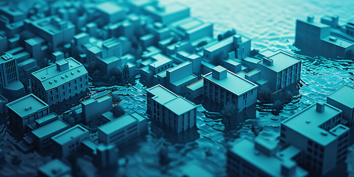 rain storm and flood in urban city climate change concept ,model 3d render