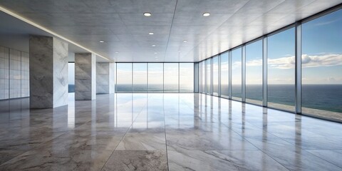 Minimal architecture building with view on the sea, marble floor and wall, empty wide space for mock up, minimal, architecture, building, sea view, marble, floor, wall, empty space, mock up